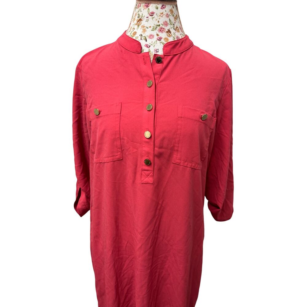 💕 Liz Claiborne Hot Pink Button-Front Shift Dress – Size 12 ong Sleeve Office - Picture 2 of 4